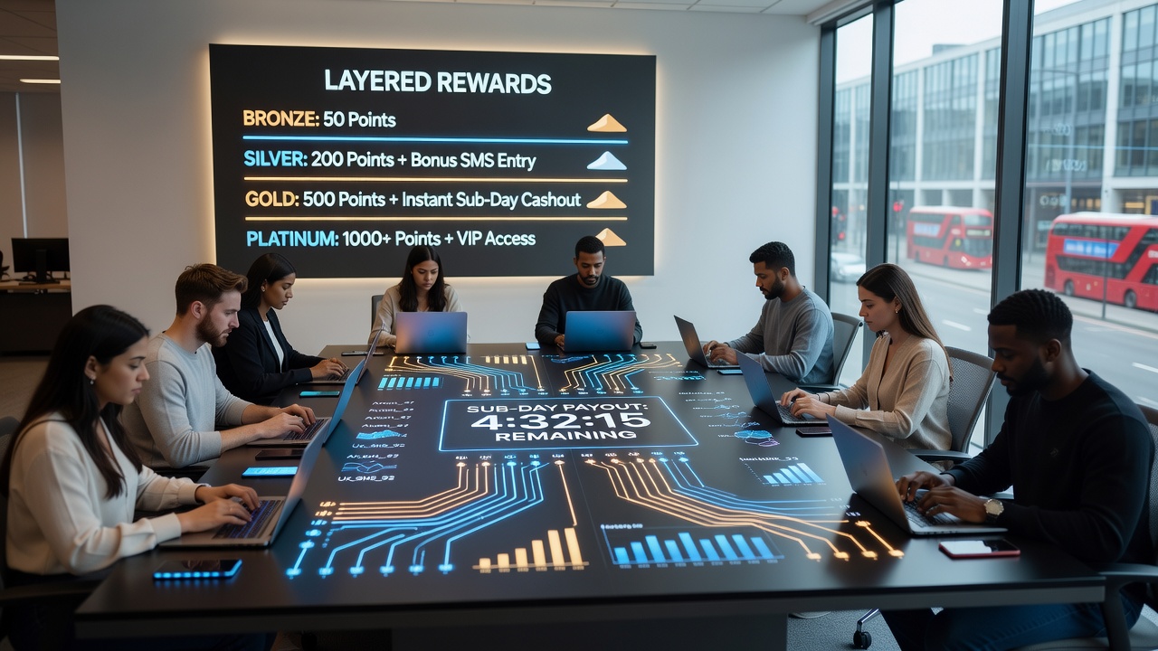 Layered rewards dashboard showing bonus tiers and sub-day payout processing timelines
